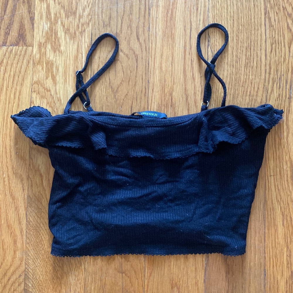 Black cropped top with ruffle at top